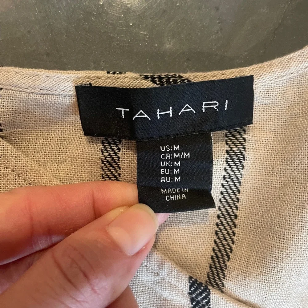 Tahari‎ Asymmetrical Stripe Midi Dress Women's Medium Linen Blend V Neck - Picture 3 of 7